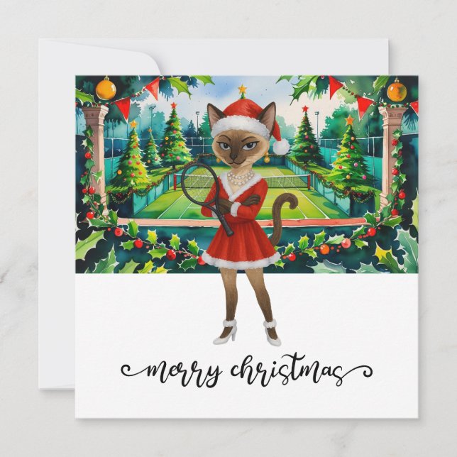 Tarjeta Festiva Tennis Christmas themed for Siamese Cat lovers (Anverso)