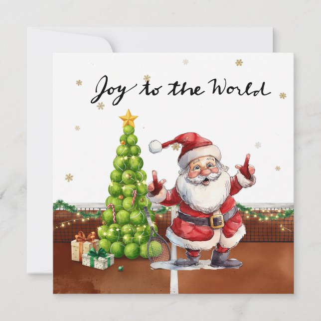 Tarjeta Festiva Tennis Christmas tree and Santa Claus on the court (Anverso)