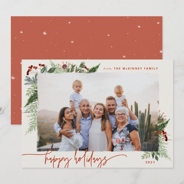 Tarjeta Festiva Terracota Beige Moderno Script Boho Follaje Fotogr (Anverso / Reverso)