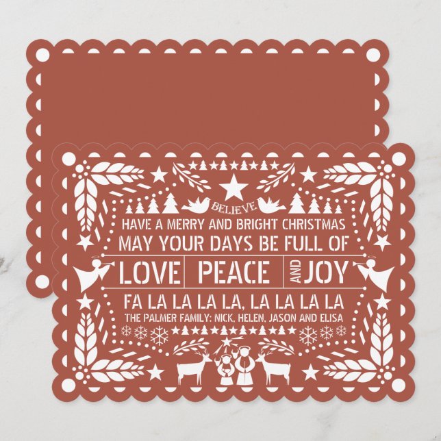 Tarjeta Festiva Terracota Love Peace Joy papel de Navidades de pic (Anverso / Reverso)