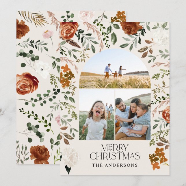 Tarjeta Festiva Terracota rústica 3 arco botánico elegante (Anverso / Reverso)