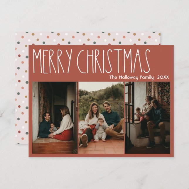 Tarjeta Festiva Terracotta Boho Polka Dot Navidades Tres fotos (Anverso / Reverso)