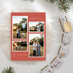Tarjeta Festiva Terracotta Retro Boho Minimalista Cuatro fotos<br><div class="desc">Este Minimalista diseño de la tarjeta de vacaciones de cuatro fotografías Terracotta Retro Boho presenta un suave y cálido fondo de rojo mutado con un elegante emparejamiento de tipografía simple y un delicado guión que ofrece los saludos de la temporada de "Feliz Navidad" o "Feliz y Brillante". Este encantador estilo...</div>