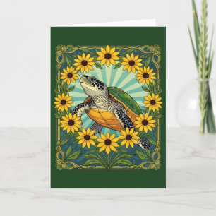 Tarjeta Festiva Terrapin Y Susan De Ojos Negros Flores Art Nouveau