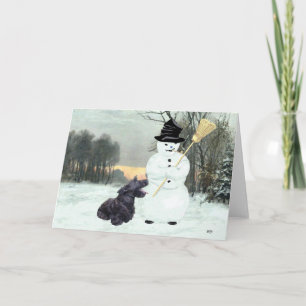 Tarjeta Festiva Terrier escocés feliz y muñeco de nieve
