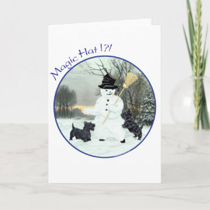 Tarjeta Festiva Terriers Escoceses Construyen un Muñeco de Nieve