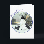 Tarjeta Festiva Territorios escoceses construyen un hombre de niev<br><div class="desc">Navidades Diseño de Scottish Terrier creado a partir de mis obras de arte originales y disponible en ropa, novedad y artículos de regalo para usted mismo, o para esa persona especial de Scottish Terrier que usted conoce! ¿Quieres un producto diferente? Simplemente vaya a la página del producto y HAGA CLIC...</div>