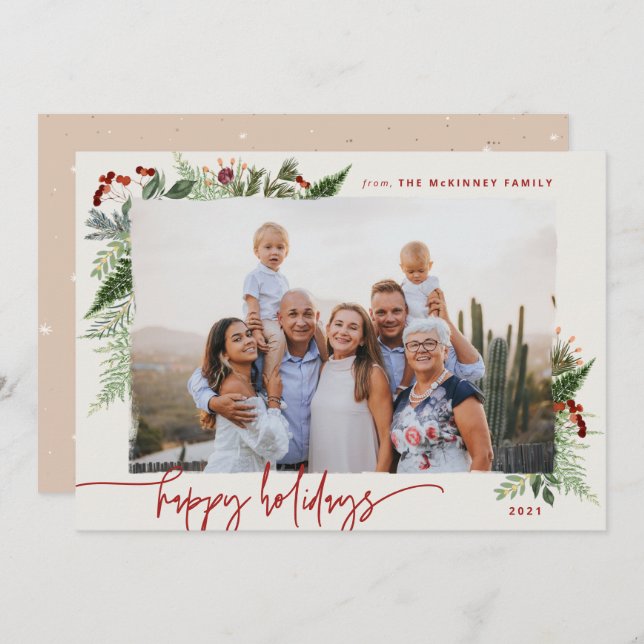 Tarjeta Festiva Terroso Boho Verdor Burgundy Beige Foto Vacaciones (Anverso / Reverso)