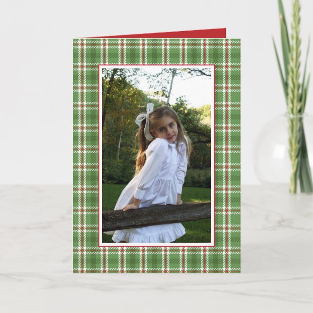 Tarjeta Festiva Tertian Plaid Christmas Photo Card 1 Photo Green (Anverso)