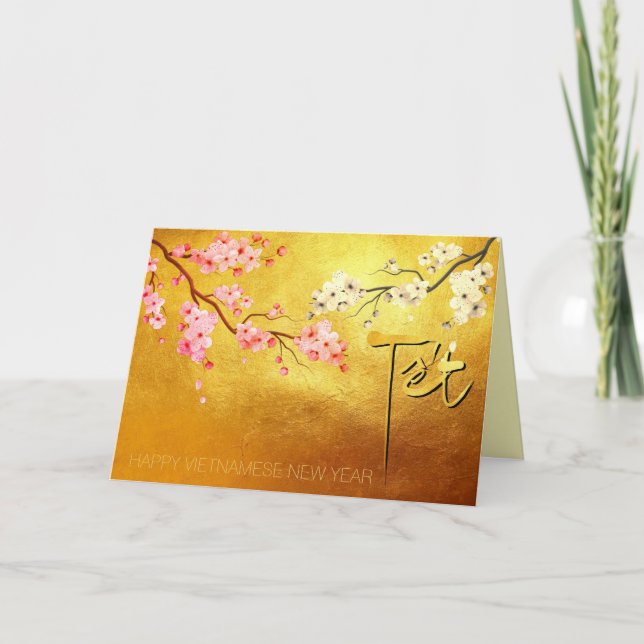 Tarjeta Festiva Tet Hoa Anh Dao Blossom Oro de Año Nuevo Vietnamit (Anverso)