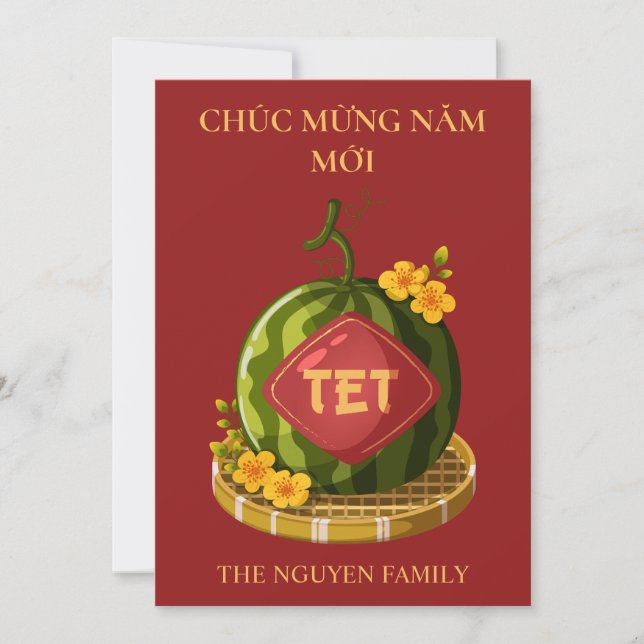 Tarjeta Festiva Tet Watermelon with Ochna Flowers Lunar New Year (Anverso)