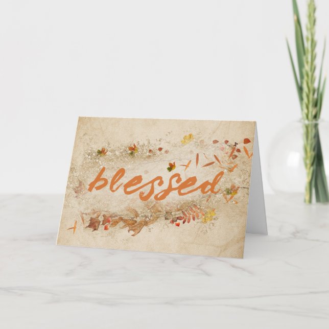 Tarjeta Festiva Texto bendito con hojas otoñales (Anverso)