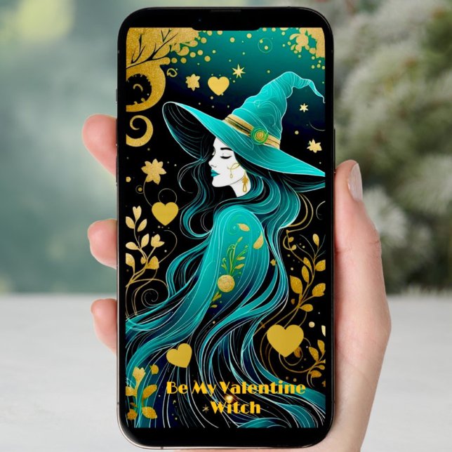 Tarjeta Festiva Texto de bruja de San Valentín gótico Verde azulad (Subido por el creador)