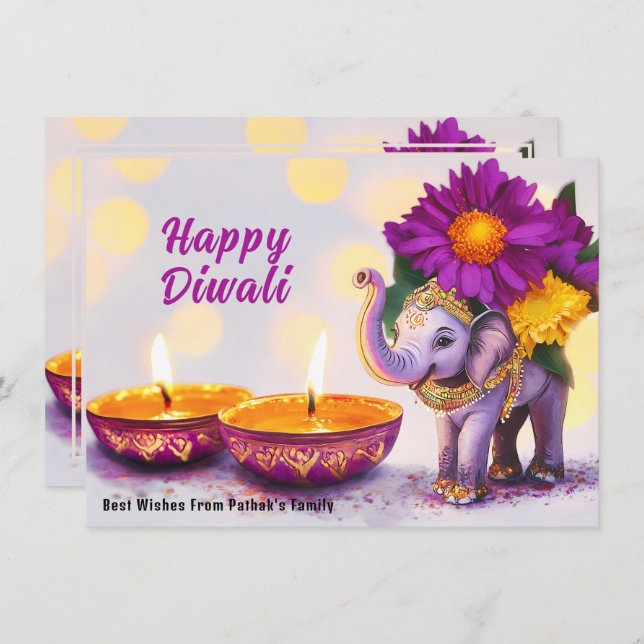 Tarjeta Festiva Texto personalizado, Diwali Elephant Elegance (Anverso / Reverso)