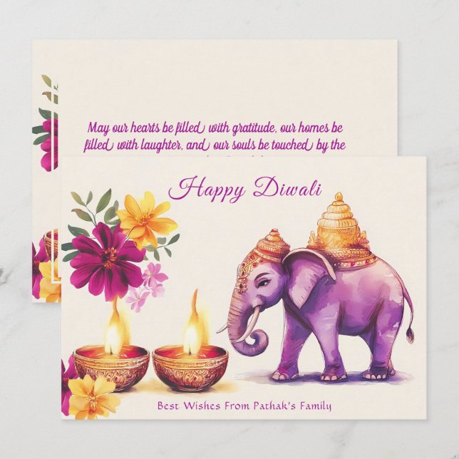 Tarjeta Festiva Texto personalizado, Diwali Elephant Grace (Anverso / Reverso)