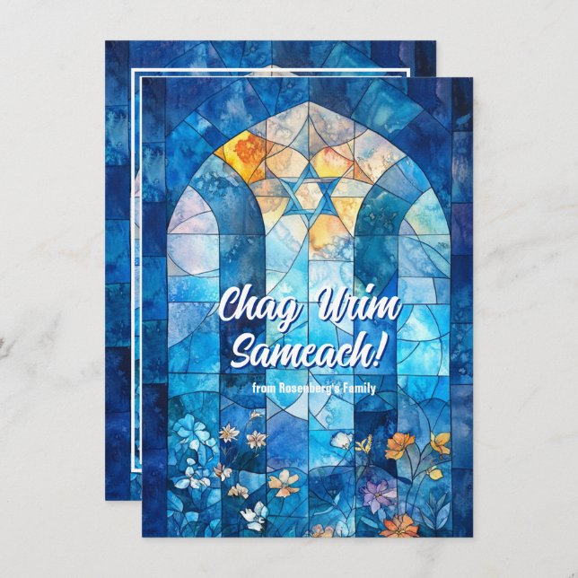 Tarjeta Festiva texto personalizado Feliz Hanukkah, vidrio manchad (Anverso / Reverso)