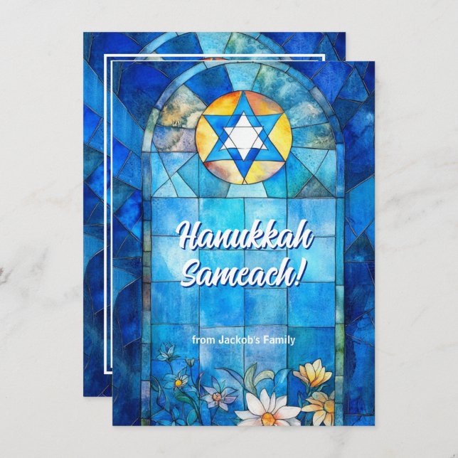 Tarjeta Festiva texto personalizado Feliz Hanukkah, vidrio manchad (Anverso / Reverso)
