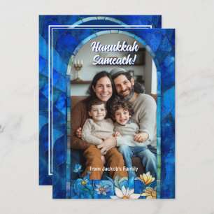 Tarjeta Festiva texto personalizado Feliz Hanukkah, vidrio manchad