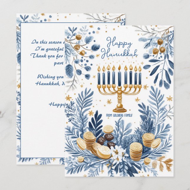 Tarjeta Festiva Texto personalizado Flor azul Hanukkah Menorah (Anverso / Reverso)