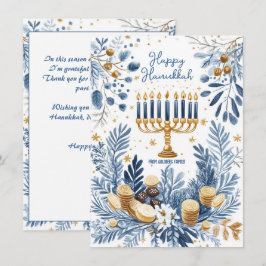 Tarjeta Festiva Texto personalizado Flor azul Hanukkah Menorah