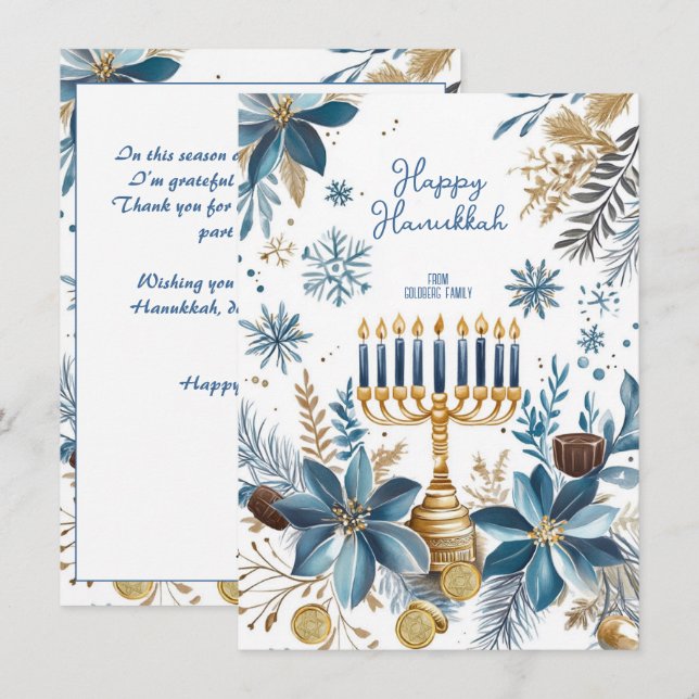 Tarjeta Festiva Texto personalizado Flor azul Hanukkah Menorah (Anverso / Reverso)