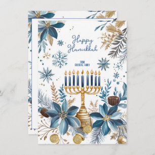 Tarjeta Festiva Texto personalizado Flor azul Hanukkah Menorah