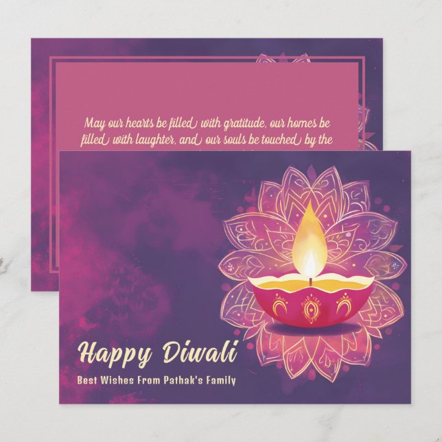 Tarjeta Festiva texto personalizado, Flores radiantes Diwali (Anverso / Reverso)