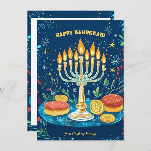 Tarjeta Festiva texto personalizado Starlit Hanukkah Wishes (Anverso / Reverso)