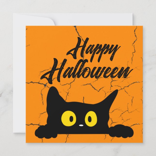 Tarjeta Festiva Textura Deteriorada Gato Negro Halloween Naranja (Anverso)