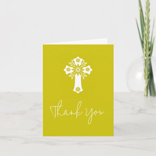Tarjeta Festiva Thank You Card Floral Cross Christening Yellow (Anverso)