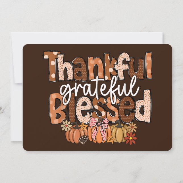 Tarjeta Festiva Thankful, Grateful, Blessed – Autumn Typography (Anverso)