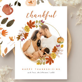 Tarjeta Festiva Thankful Script Fall Botanicals Photo Thanksgiving