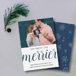 Tarjeta Festiva the more the merrier Christmas baby snowflakes<br><div class="desc">cute & simple birth announcement card during the winter or holidays season with personalized photo,  the back features silver glitter snowflakes and navy blue background</div>