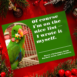 Tarjeta Festiva The Nice List Funny Parrot Christmas Photo Card