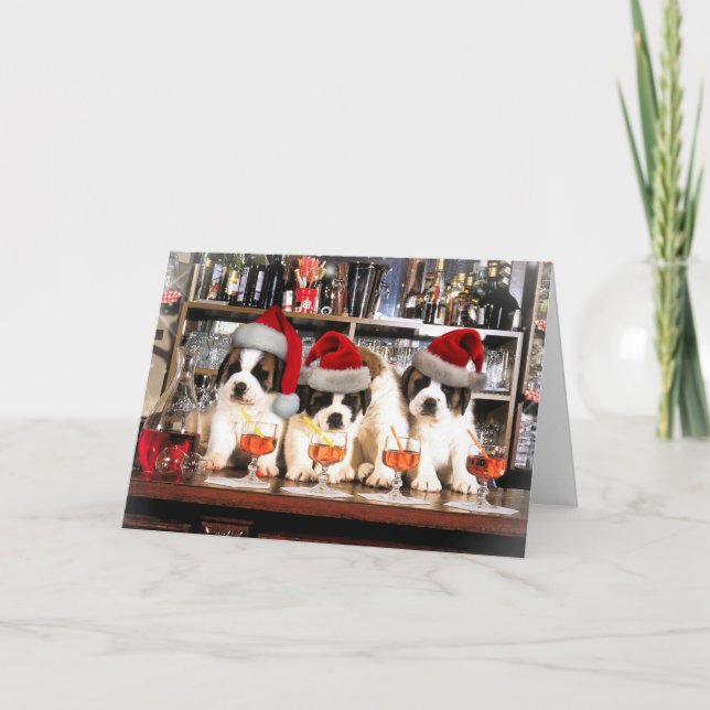 Tarjeta Festiva Three Christmas Saint Bernard at the bar (Anverso)
