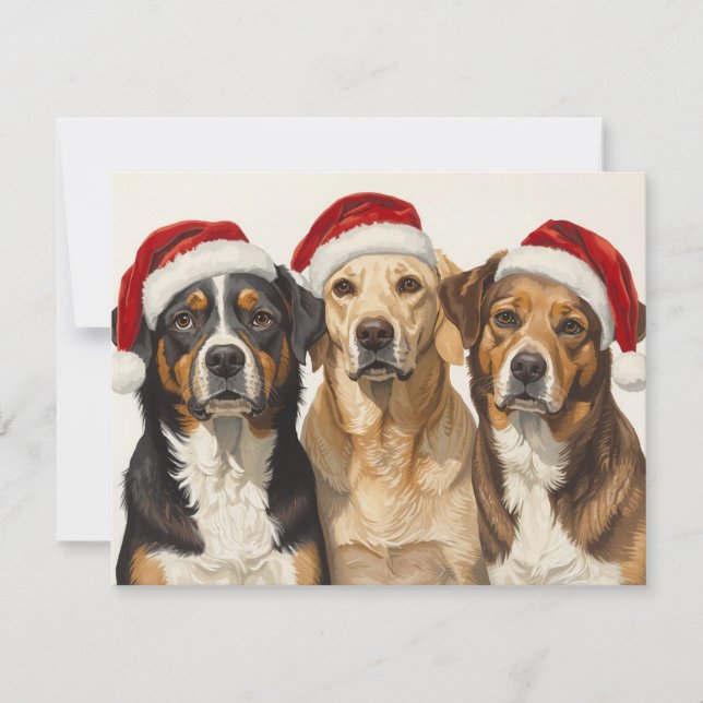 Tarjeta Festiva Three Dogs Santa Hats Merry Christmas Trio (Anverso)