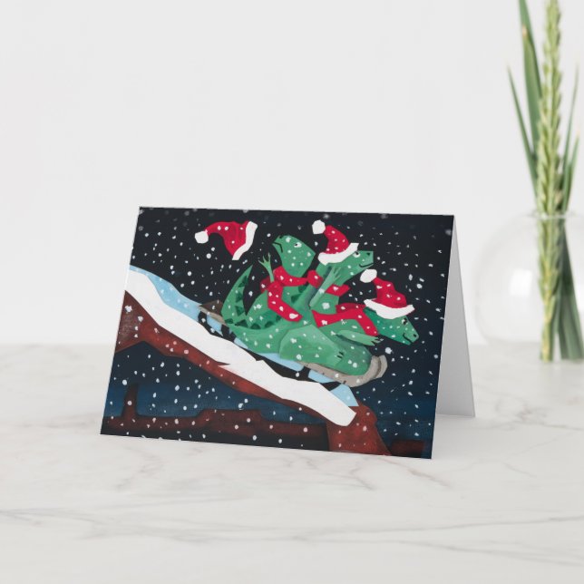 Tarjeta Festiva Three sledding dinosaurs (Anverso)