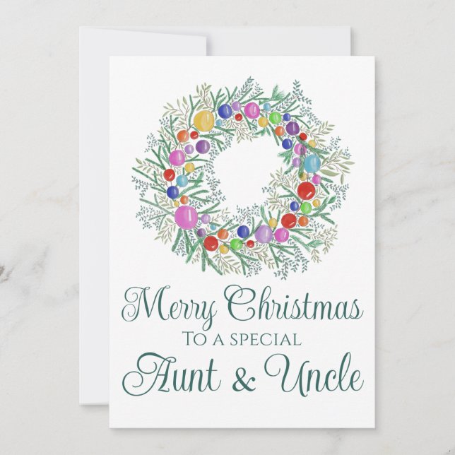 Tarjeta Festiva Tía y tío Navidades coloridos Wreath (Anverso)