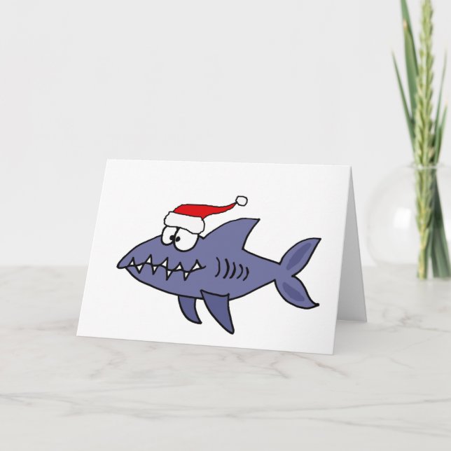 Tarjeta Festiva Tiburón gracioso en arte de Navidades de Santa Hat (Anverso)