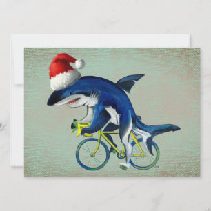 Tarjeta Festiva Tiburón montando una bicicleta con Santa Hat