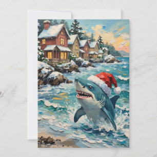 Tarjeta Festiva Tiburón vintage con sombrero de Santa en el litora