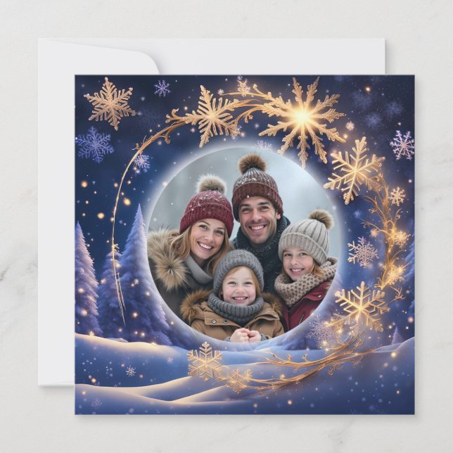 Tarjeta Festiva Tiempo de Navidades mágicos - copos de nieve dorad (Anverso)