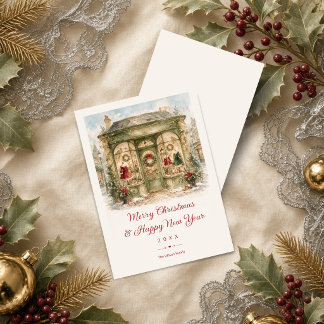 Tarjeta Festiva Tienda Navideña Chic Vintage Acuarela TMF26
