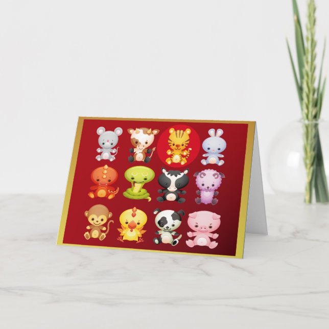 Tarjeta Festiva Tigre y animales del Personalizado zodiaco chino (Anverso)
