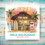 Tarjeta Festiva Tiki Beach Tropical Sunset Mele Kalikimaka Santa<br><div class="desc">Tropical Christmas card features Santa enjoying a vacation at a Tiki bar on the beach at sunset with palm trees, holiday string lights and Hawaiian "Aloha" and "Mele Kalikimaka" greetings. Tropical cocktails, a pineapple, hibiscus and palm leaves, a surfboard and a parrot in a pirate hat decorate the bar area....</div>