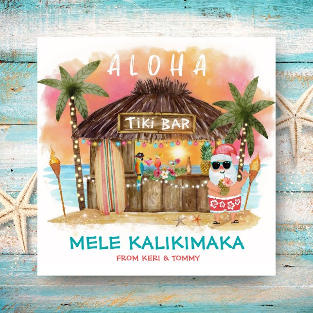 Tarjeta Festiva Tiki Beach Tropical Sunset Mele Kalikimaka Santa (Subido por el creador)