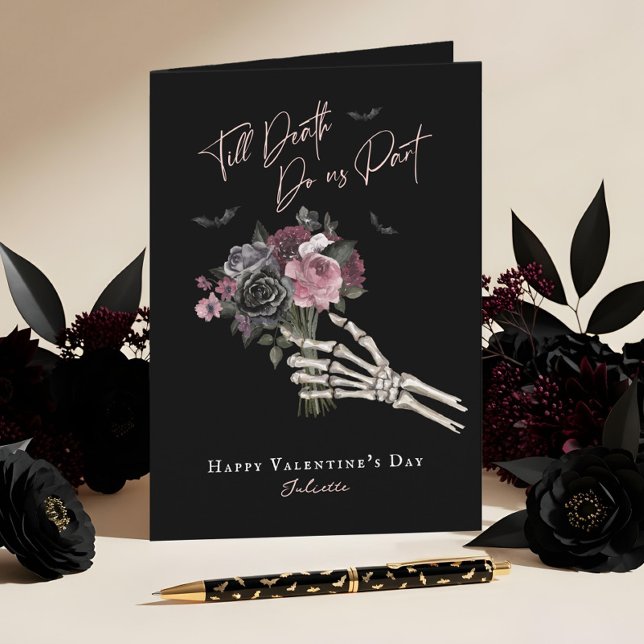 Tarjeta Festiva Till Death Gothic Floral Skeleton Hand Valentine (Till Death Gothic Floral Skeleton Hand Valentine Holiday Card)