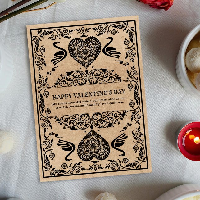 Tarjeta Festiva Timeless Black Ornate Swan Mandala Heart  (Framed in mandala hearts and floral scrolls, this card whispers of unity and eternal love.)