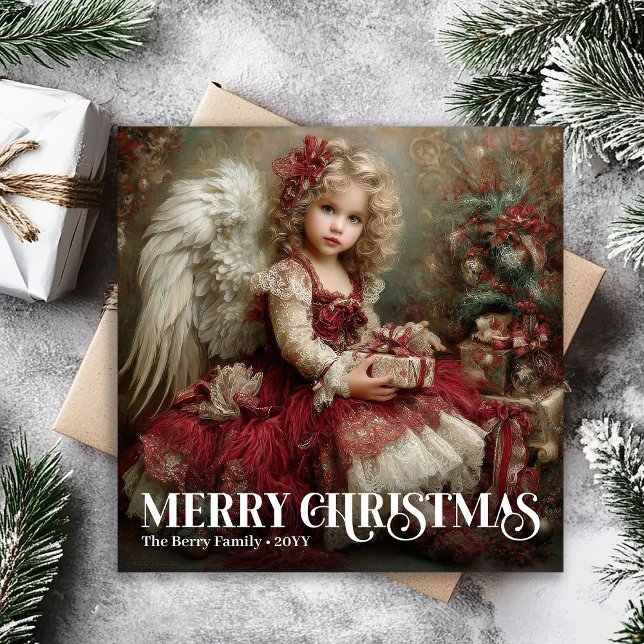 Tarjeta Festiva Timeless Burgundy Red Green Victorian Angel Xmas (Timeless Burgundy Red Green Victorian Angel Christmas)