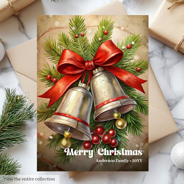 Tarjeta Festiva Timeless Christmas bells rustic pine wreath beauty (Timeless Christmas bells rustic pine wreath beauty)